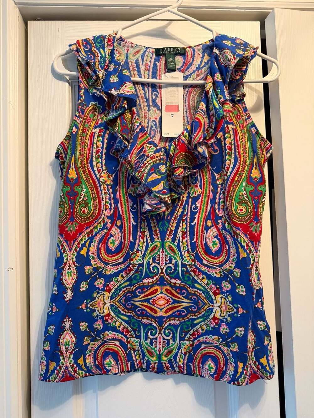 Lauren Ralph Lauren Paisley Ruffle Neck Sleeveless Top Size M